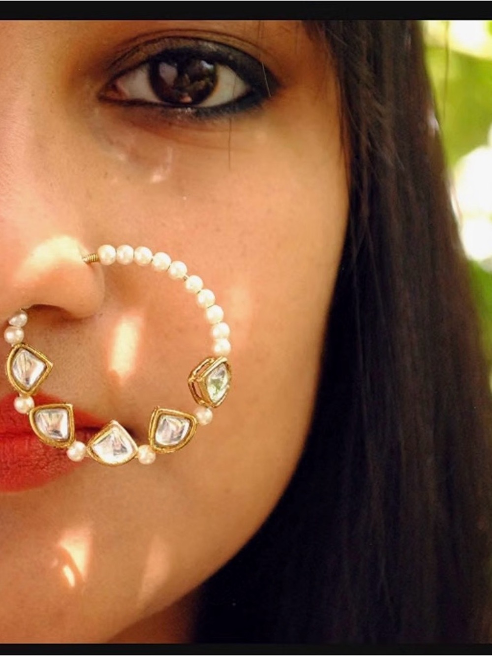 Gold Pearl Hoop Nose Ring with Kundan Stones -